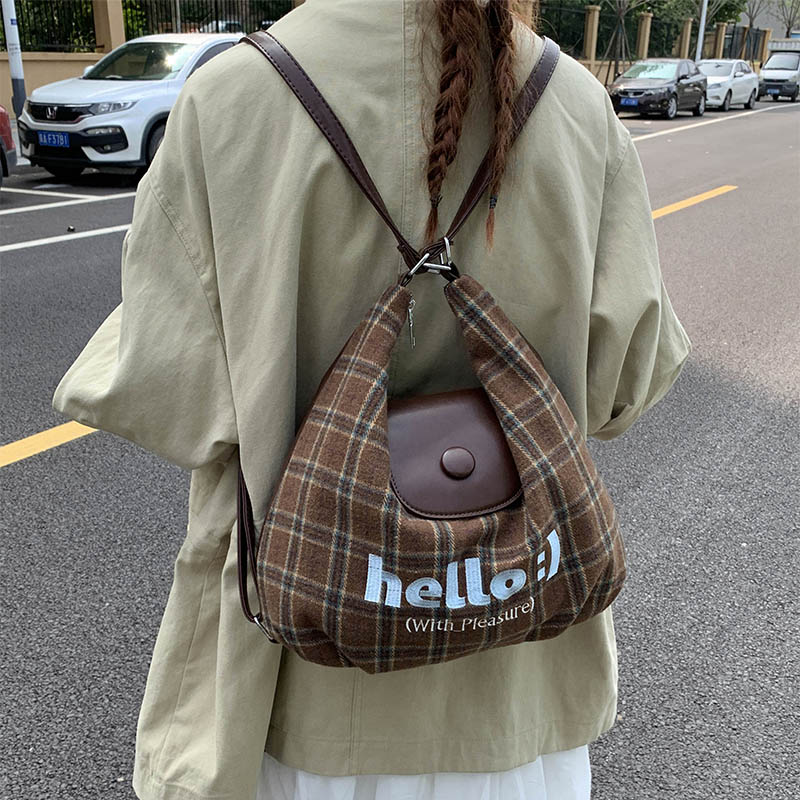 红鹮鸟休闲大容量格子包包女2025通勤韩版双肩背包斜挎单肩包