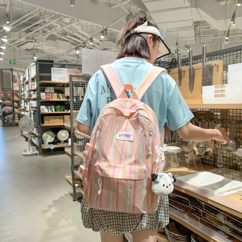 多巴胺条纹书包初中女双肩背包