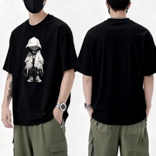 日系简约印花短袖男款夏季纯棉宽松百搭清新休闲T恤潮牌透气上衣