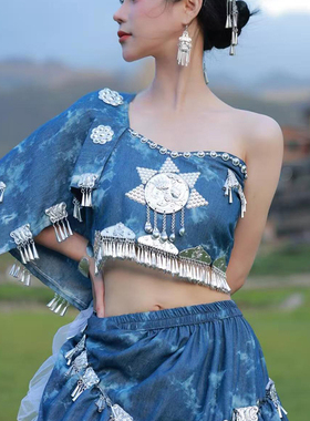 苗族服装女扎染单肩抹胸上衣长裙民族风土家族舞台演出服旅游摄影