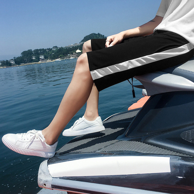 夏季条纹拼色休闲短裤潮流帅气宽松直筒五分裤男生白色韩版沙滩裤|ruв категории Мужская одежда, брюки - от Buy2taobao.com для оказания профессиональной услуги покупки агента Taobao