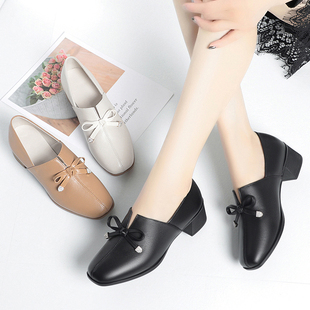 2023中年女士皮鞋 粗跟不累脚女鞋 软底舒适工作鞋 真皮中跟软皮单鞋