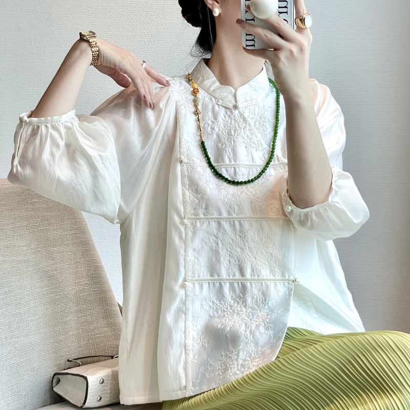 直筒中式单排扣九分袖盘扣衬衫