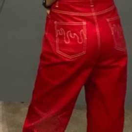 红色牛仔裤刺绣休闲裤长裤常规款