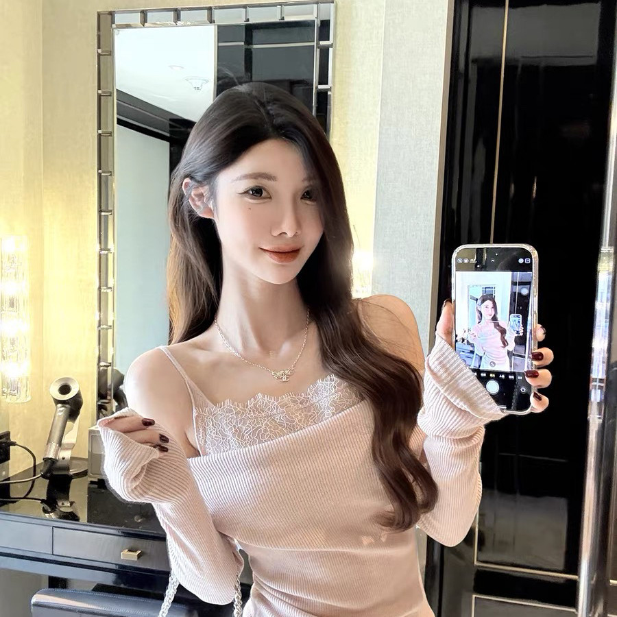 yoyou-剪花25秋冬款性感假两件吊带一字肩蕾丝针织衫小衫5141上衣