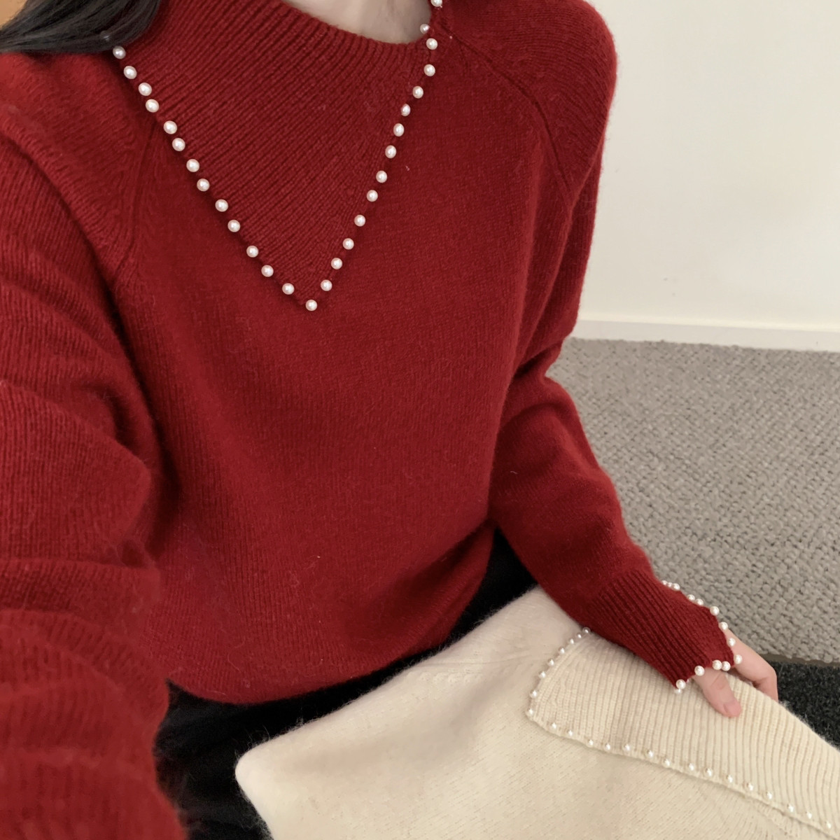 MUUTIS牧缇-插肩袖定制珍珠阿拉善骆驼保暖毛衣（含48羊毛）XXF08