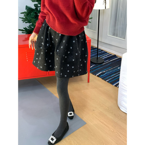 Vaoom-韩系氛围感蝴蝶结印花毛呢半身裙K1758