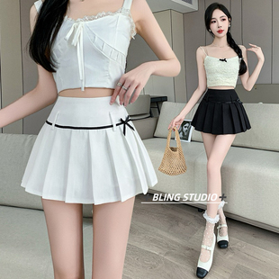 BLING -早春春款蝴蝶结系带百褶蕾丝拼接百搭显瘦A字半身裙4463