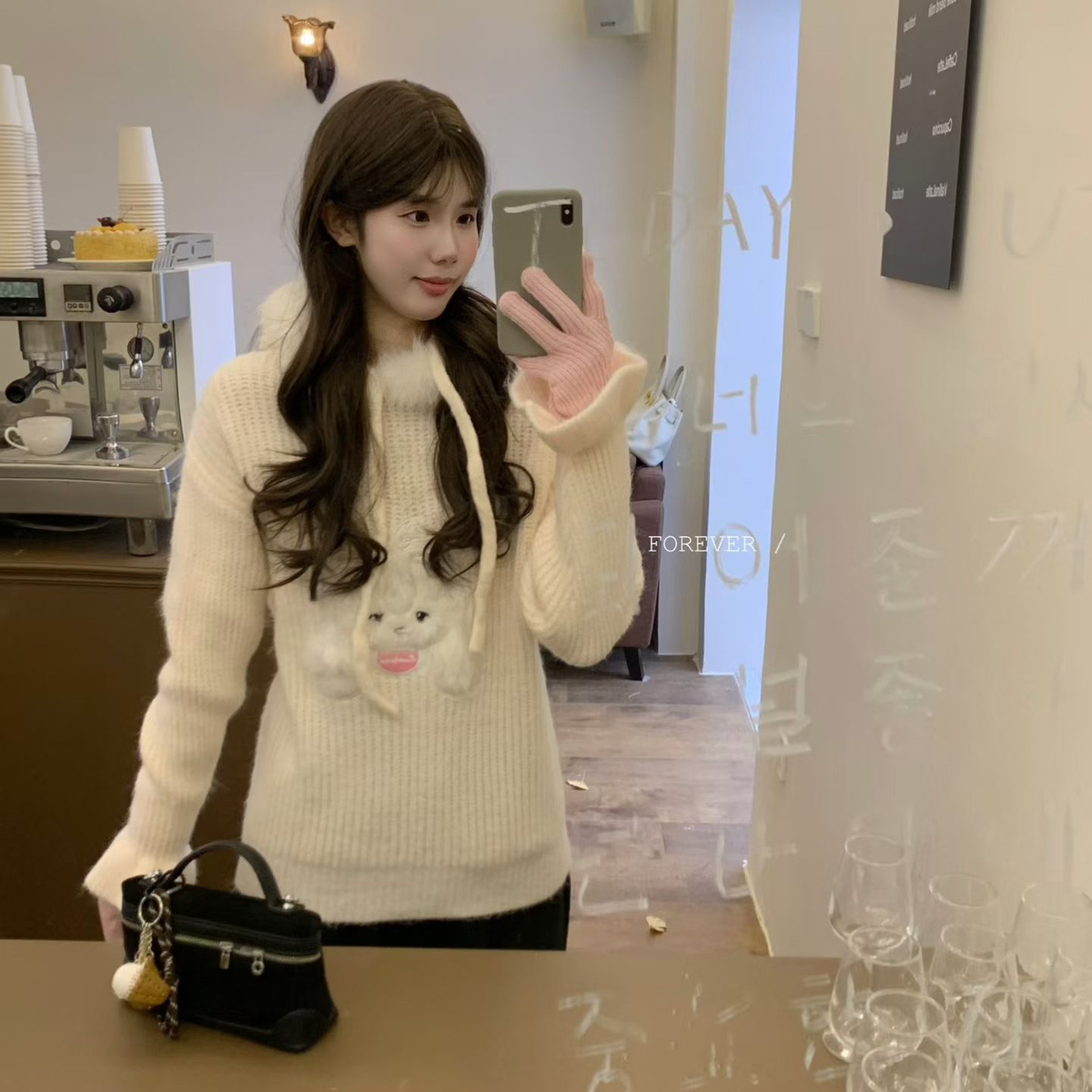 FOREVER-韩标可爱韩妹可爱小狗浪漫毛领保暖毛衣YS1-1236