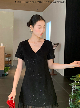 AIXILI爱西里-质v领细闪亮片毛呢拼接仙气荷叶边显瘦连衣裙15736