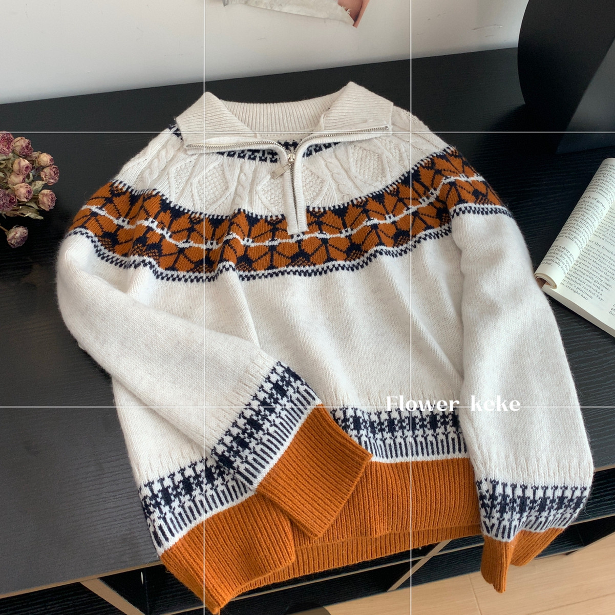 Flower keke-立领提花绵羊毛保暖毛衣（含41.6绵羊毛）PJfmn56475