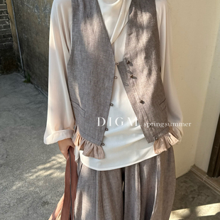 DIGM-新极简高级感纯色拼荷叶边设计宽松显瘦马甲(10亚麻)DB17512