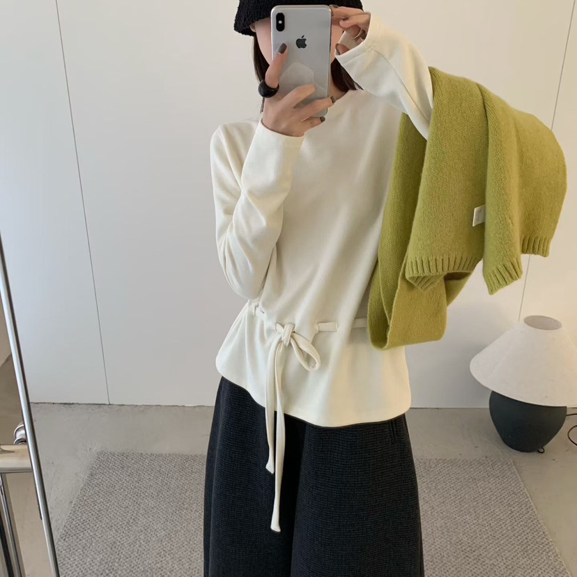 买手严选-泡菜馆-冬上新简约系带设计感宽松长袖针织衫20387