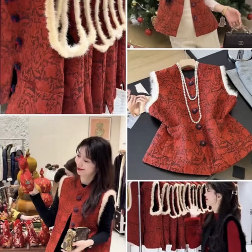 珊珊-26年早春2026早春新款新中式设计感提花夹棉红马甲G2609