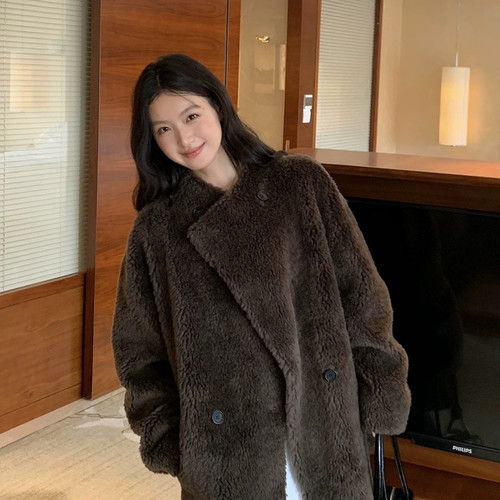 NNY-韩系简约宽松双排扣毛毛外套加厚大衣51225