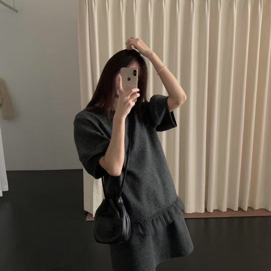 Letter To Myself-上新短袖呢料拼纱小衫+纯色宽松半身裙套装3605