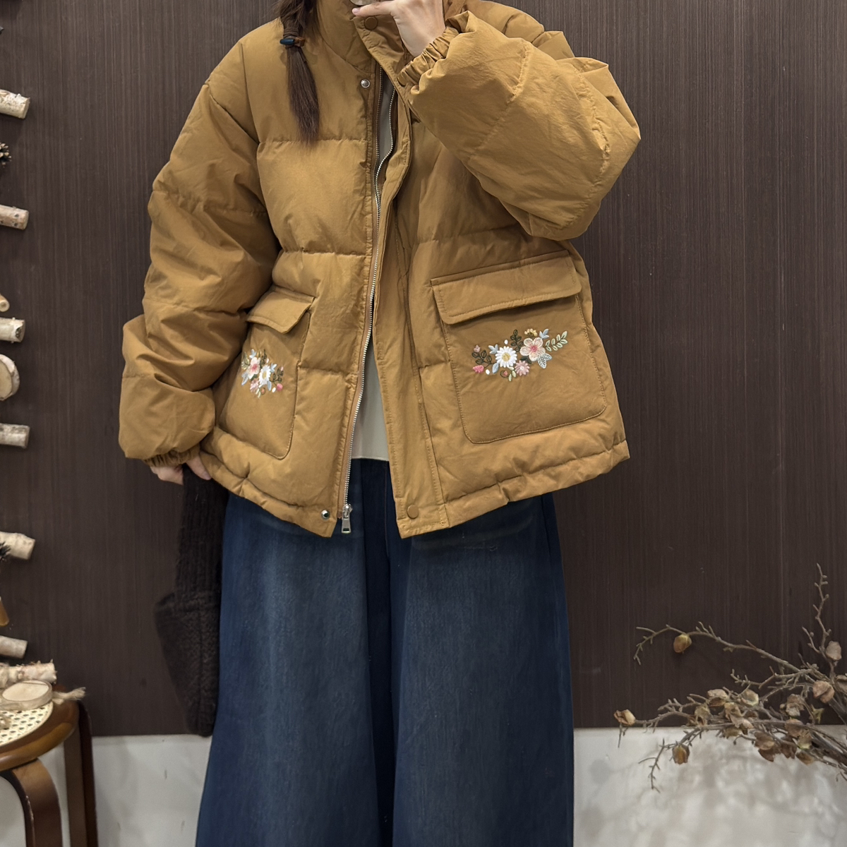 DA.7-日系刺绣口袋慵懒宽松小众休闲宽松面包保暖羽绒服外套7119