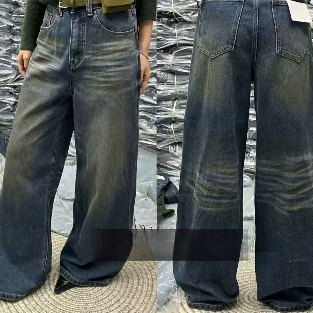 JIAJIATMMT木里-裤水洗猫须纹窄版直筒拖地裤牛仔裤(配腰包)5203