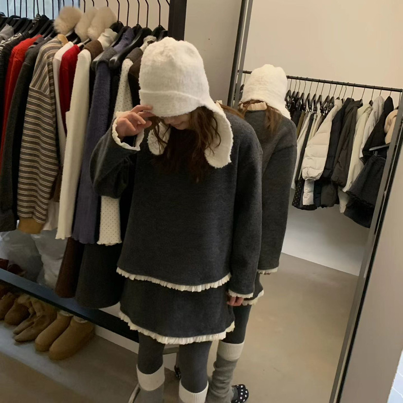 THE DC-冬上新花边宽松长袖T恤+松紧腰半身裙套装（含5羊毛）3534