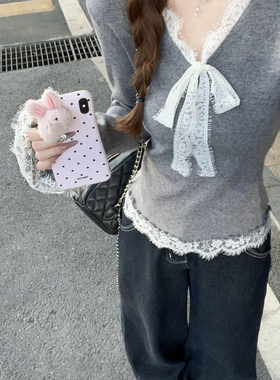 MOJITO-美纯欲v领蕾丝拼接打底衫法式内搭高级感上衣针织衫11815