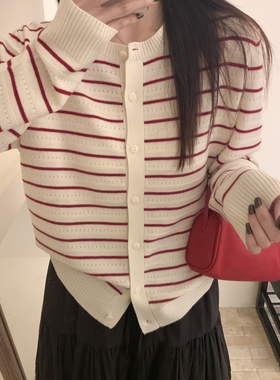 Houli·厚厘-6手慢无休闲简约圆领条纹针织开衫（含100绵羊毛）XY