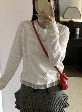 CHERRY樱桃家 STUDIO-韩系波点雪纺压褶花边圆领打底衫63329