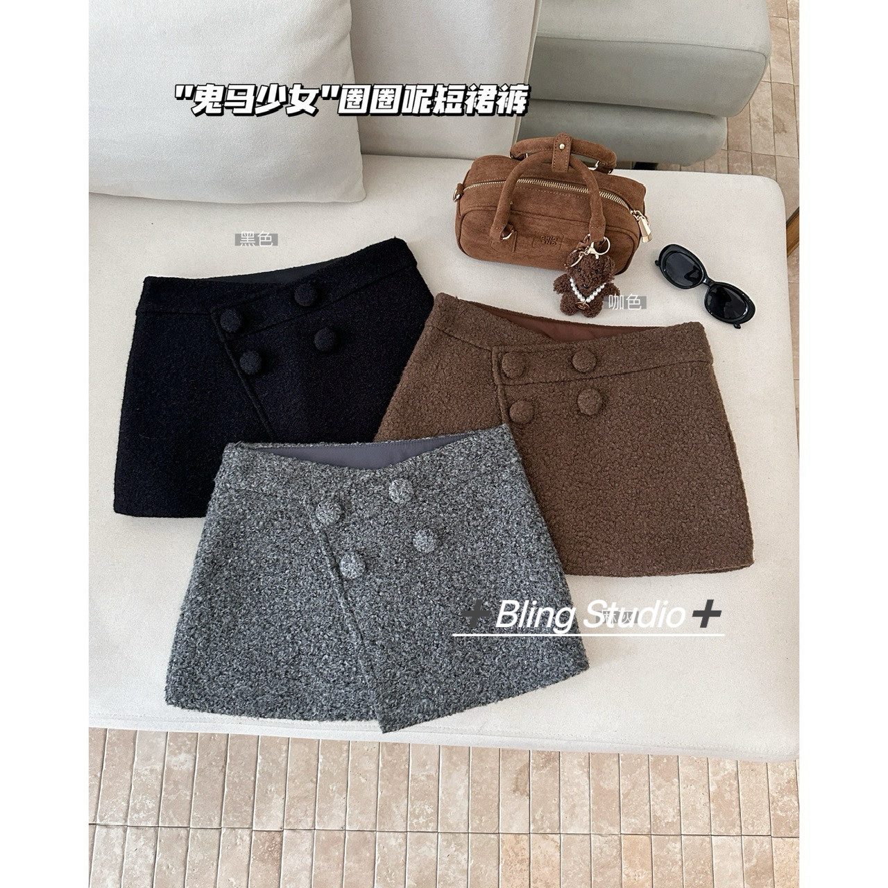 BLING -圈圈呢辣妹显瘦a字短款多扣搭片加厚裙裤半身裙4170