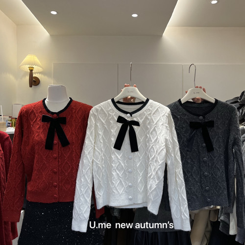 U.ME-小香风甜美气质开衫保暖毛衣(配蝴蝶结)83699