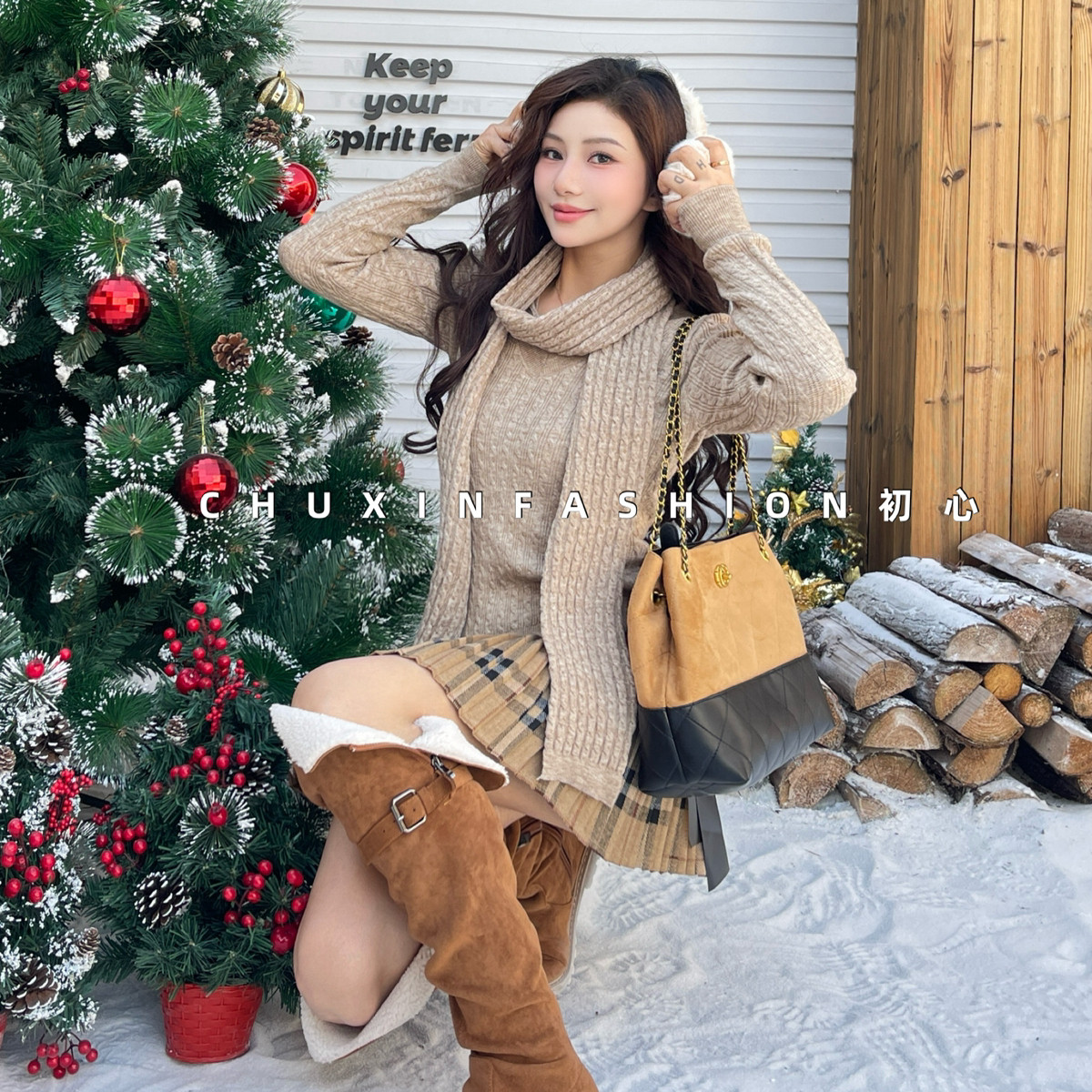 C.X初心-毛衣温柔风围巾冬打底长袖针织衫保暖毛衣(配围巾)CX1687