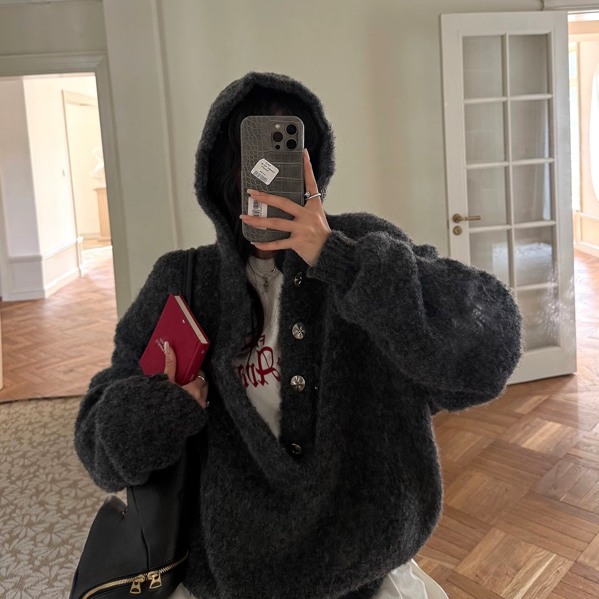 SAVAGE-气百搭纯色高级黑连帽圈圈毛宽松长袖针织保暖毛衣A20258