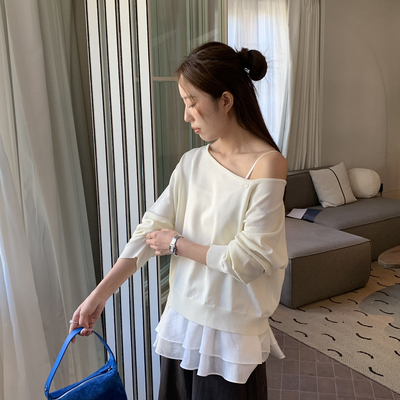 THIRTEEN 拾叁-小清新韩系斜肩两件套小衫+背心套装U57
