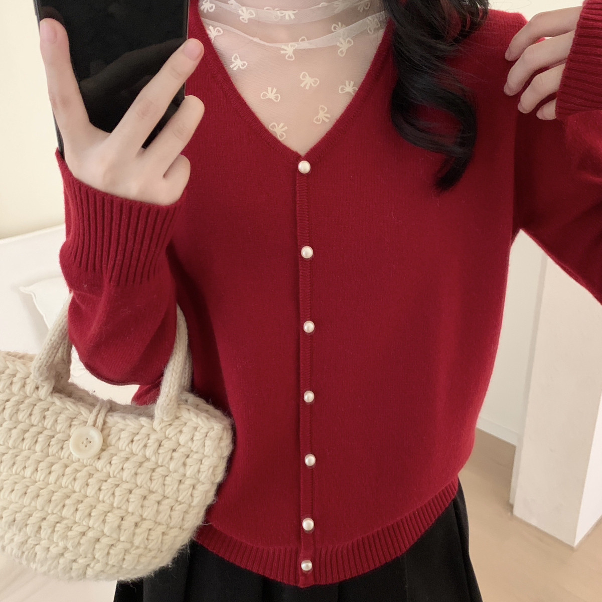 MUUTIS牧缇-丝拼接领套头女人全羊毛保暖毛衣（含100绵羊毛）XT95