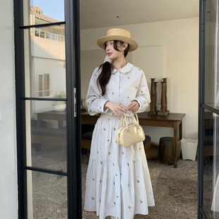 OMELET蛋卷-系复古百搭米色条纹小黄花绣花长半裙半身裙HS26118-1