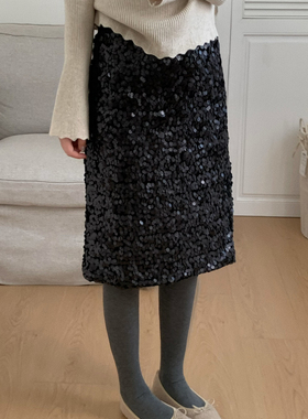 Flower & April-5秋冬新款黑色高腰显瘦百搭中裙直筒半身裙160896