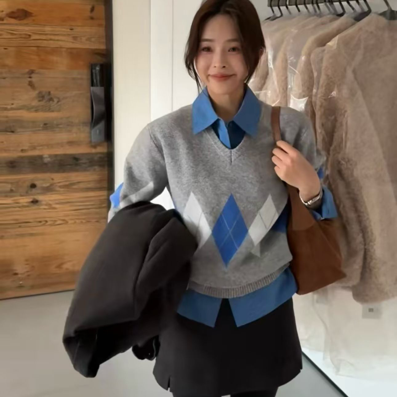 UP Studio 立方+-提花针织马甲+叠搭韩版衬衫两件套套装YS1-2821