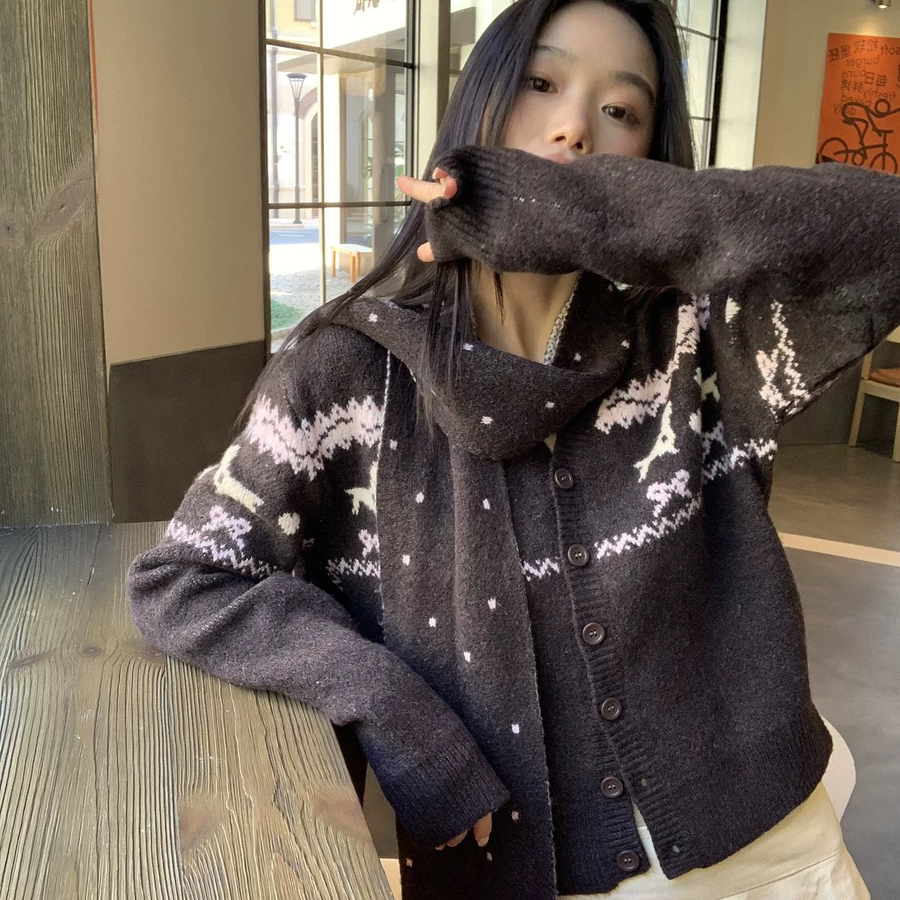 CXI-新费尔岛毛衣V领针织慵懒氛围感毛衣针织开衫(配围巾)9533-1