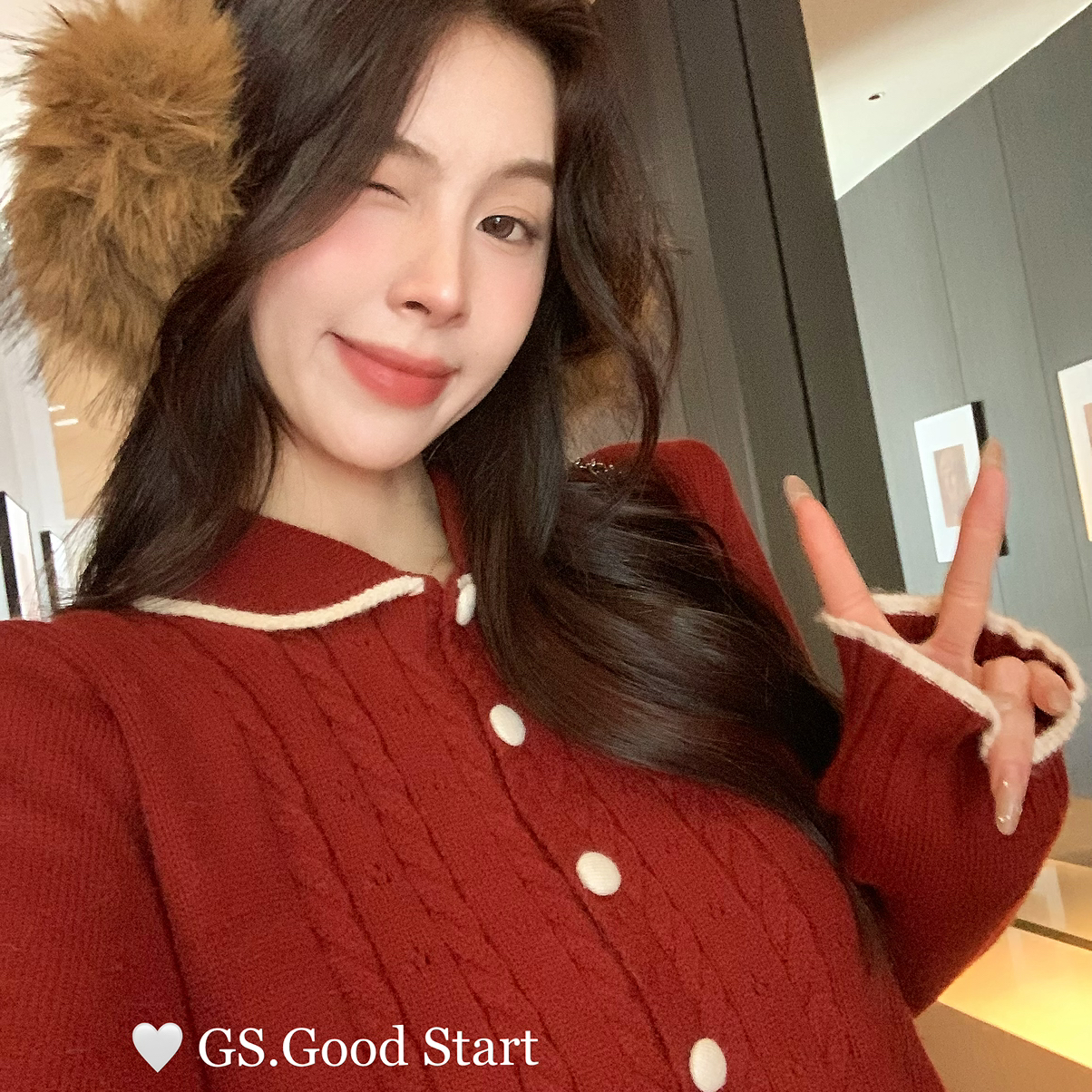 GS.GOOD START-松get少女感秋冬甜美翻领撞色边麻花针织小衫G7689