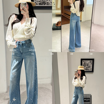 ZONANA左那那-高级大牌洋气烫钻蝴蝶流星不贴腿喇叭裤牛仔裤3023