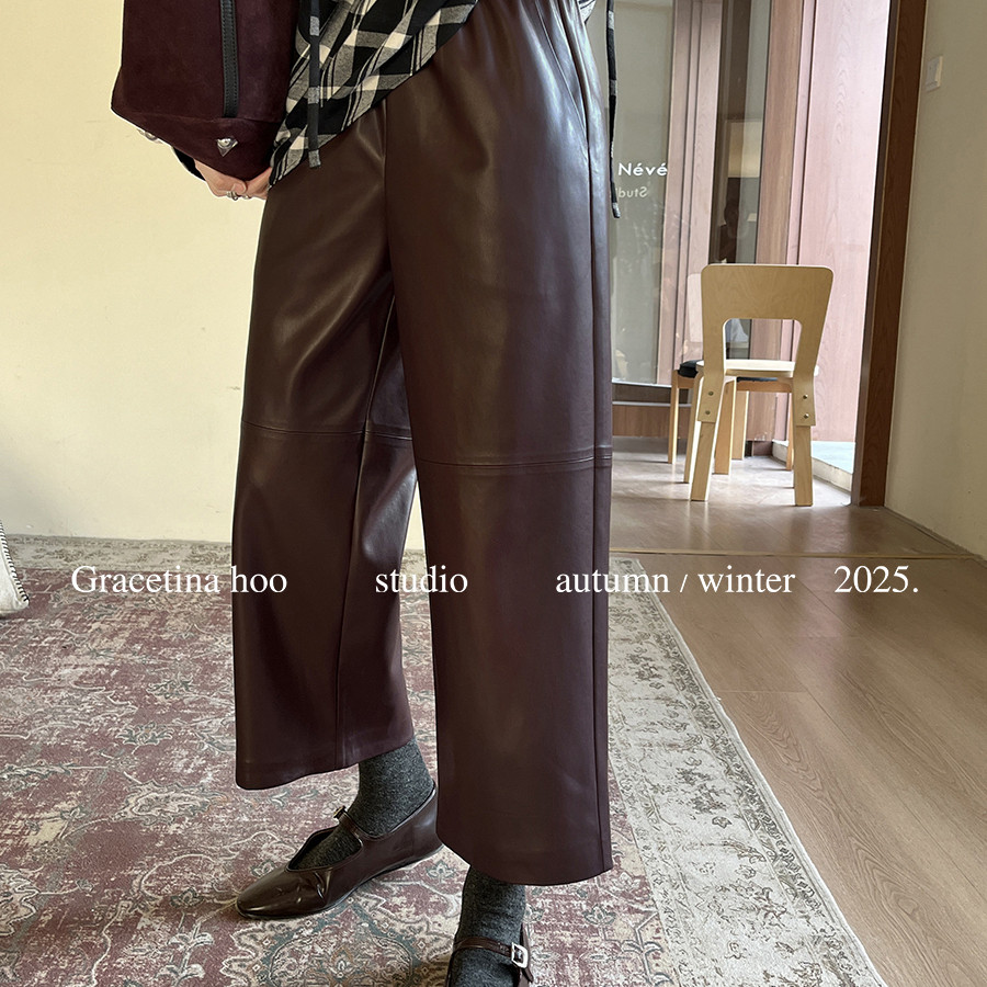 GRACETINA HOO-皮弧线剪裁简约大气高智感通勤百搭九分皮裤KA6103