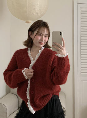 Flower & April-穿搭ootd女蕾丝拼接针织开衫搭长袖保暖毛衣90025