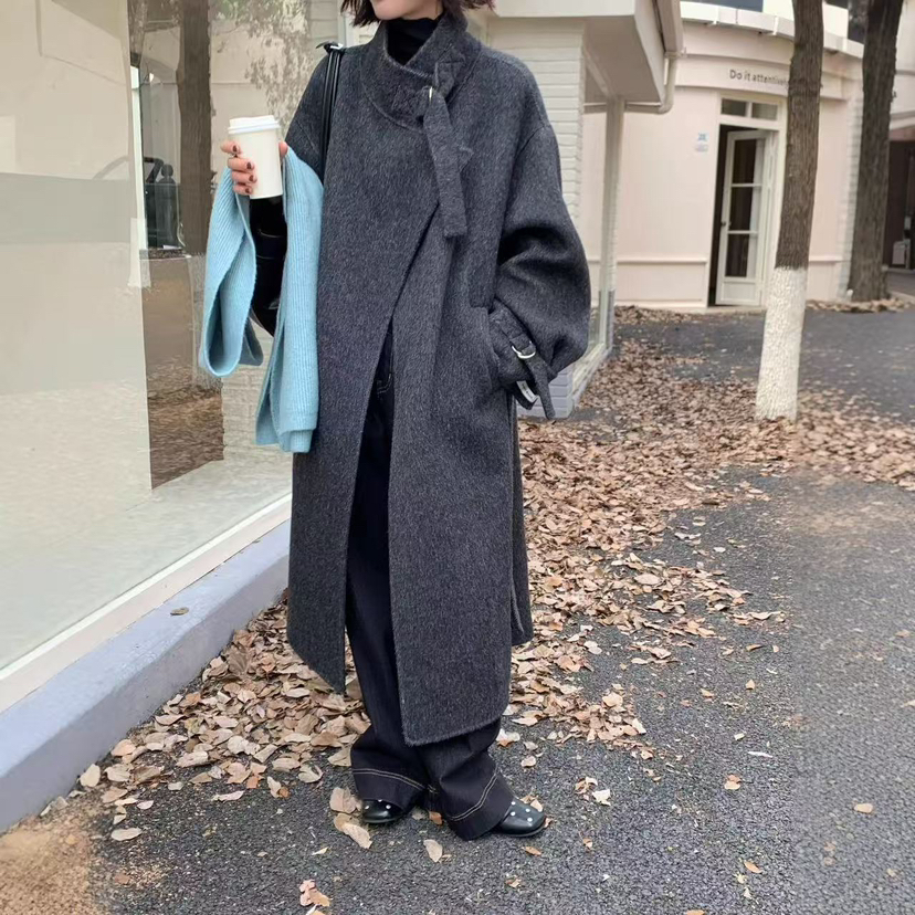 Hand made-感立领宽松长款羊毛外套(配腰带)（含77.9羊毛）YS2-60