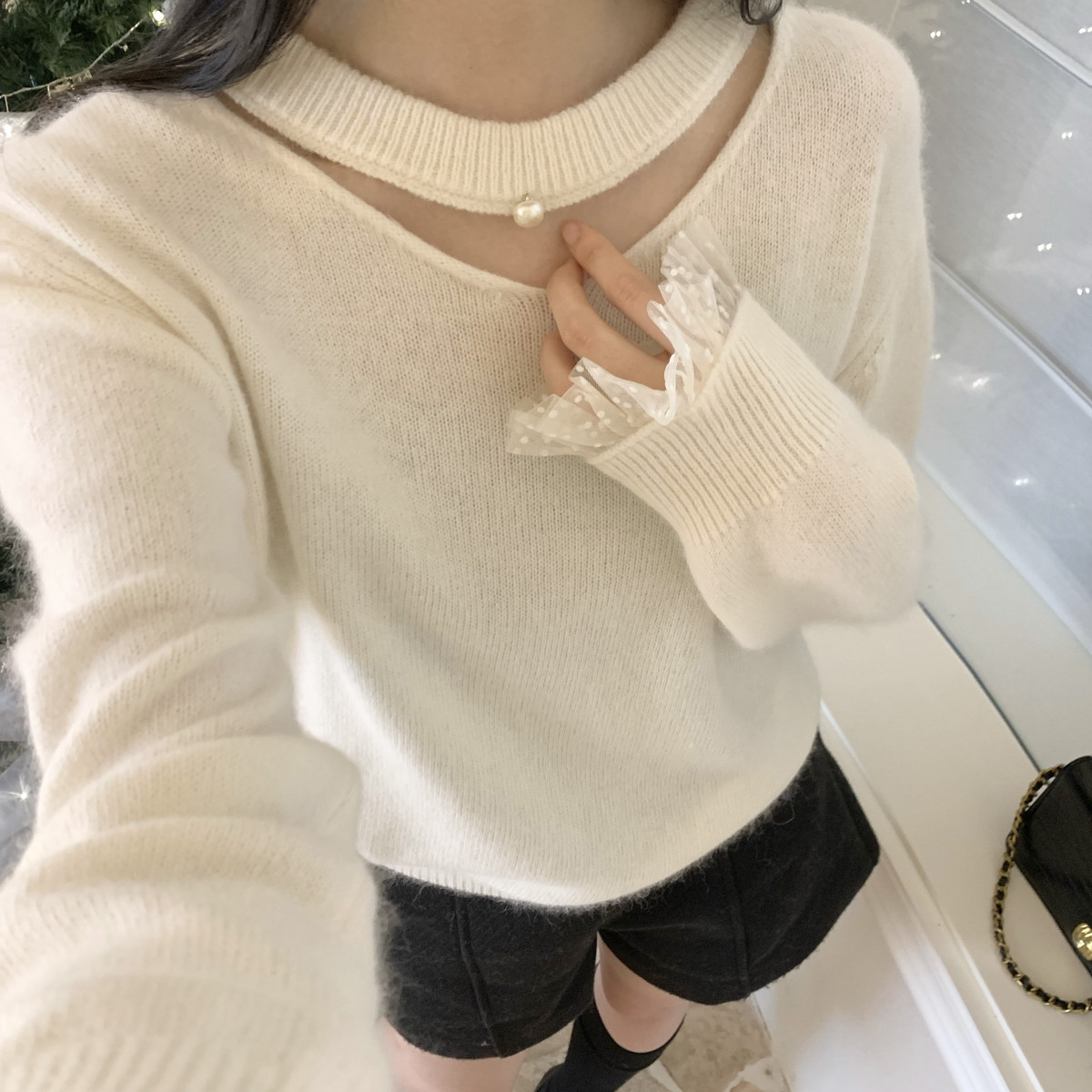 SHEEP.-气质袖口网纱拼接保暖毛衣（含28.7绵羊毛）9881902