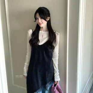 DARA ROSE-蕾丝拼接丝绒吊带裙小众不规则背心裙叠穿连衣裙S08530