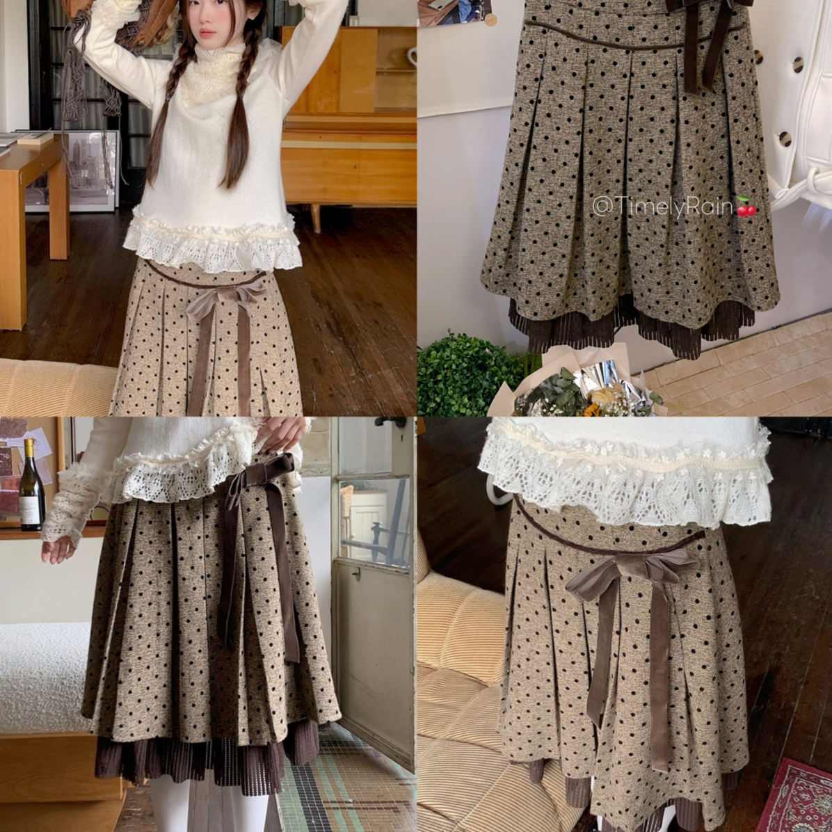 TimelyRain  及时雨-感波点拼接蕾丝百褶高腰显瘦a字半身裙Q-5935