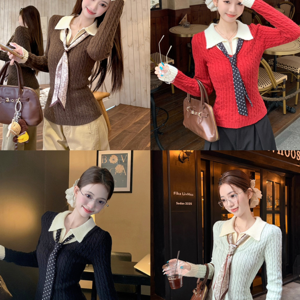 TimelyRain  及时雨-感假两件麻花系带丝巾保暖毛衣(配丝巾)P-875