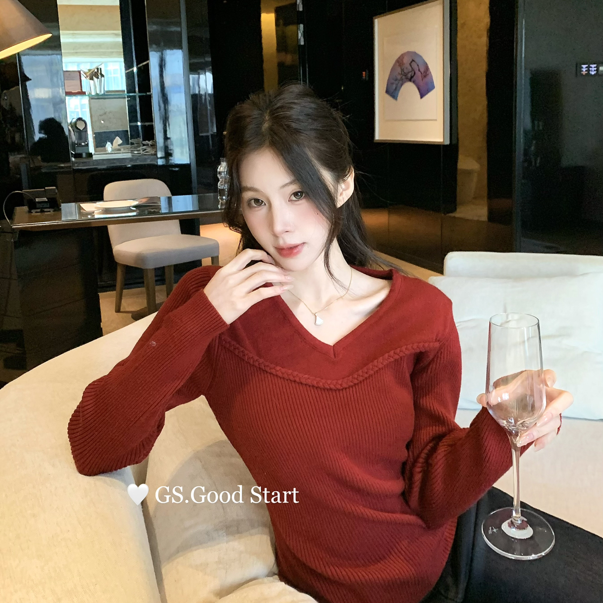 GS.GOOD START-款不挑人巨百搭秋冬气质v领休闲弹力针织小衫G7759