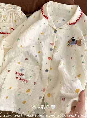 Wink薇可-布睡衣女季休闲宽松长袖+长裤家居服睡衣套装PJ-JXM6227