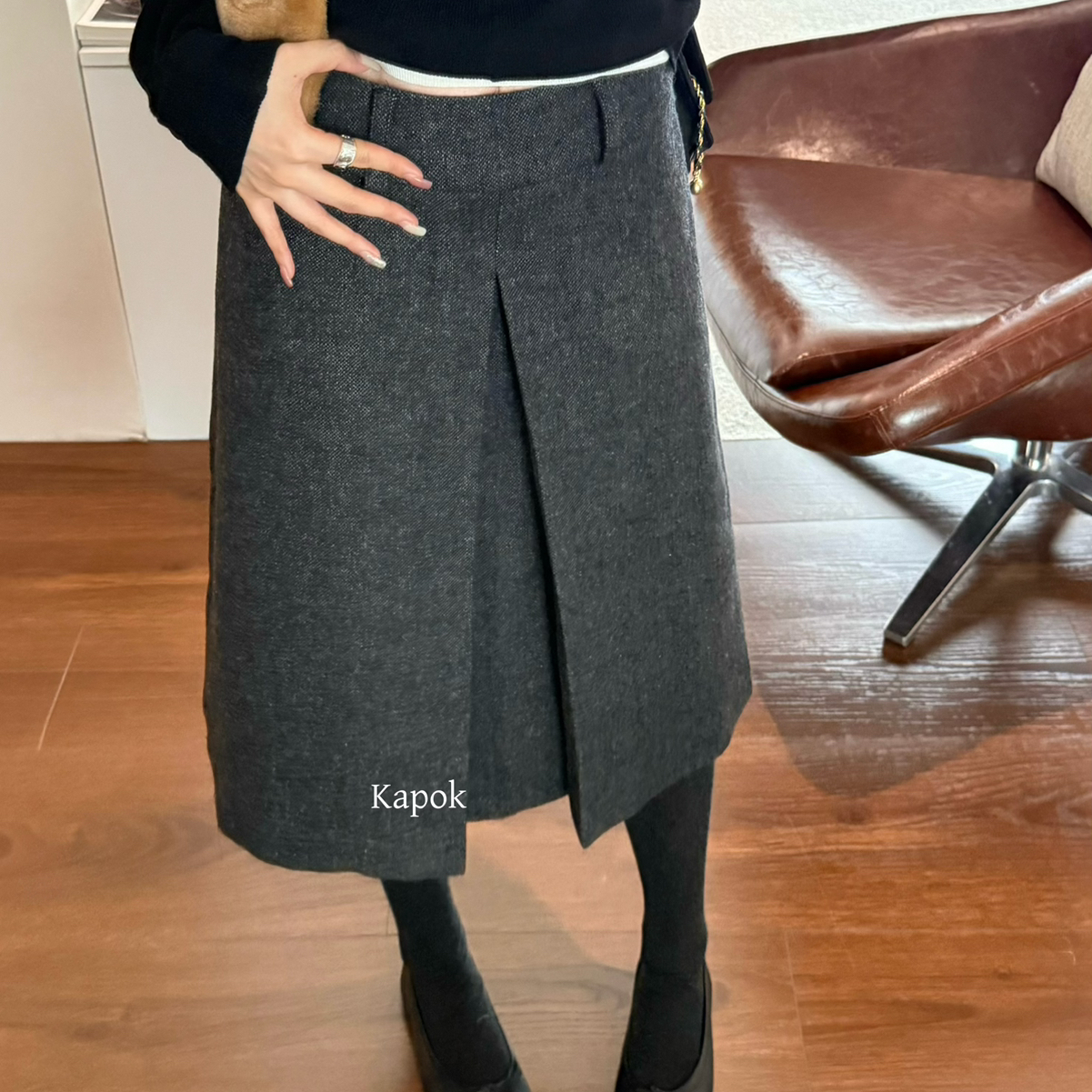 KAPOK-年超流行复古通勤压褶显瘦毛呢A字裙半身裙(含50羊毛)35032