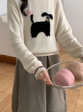 EC-韩系休闲可爱小狗提花圆领软糯保暖毛衣（含39.3绵羊毛）QQ616