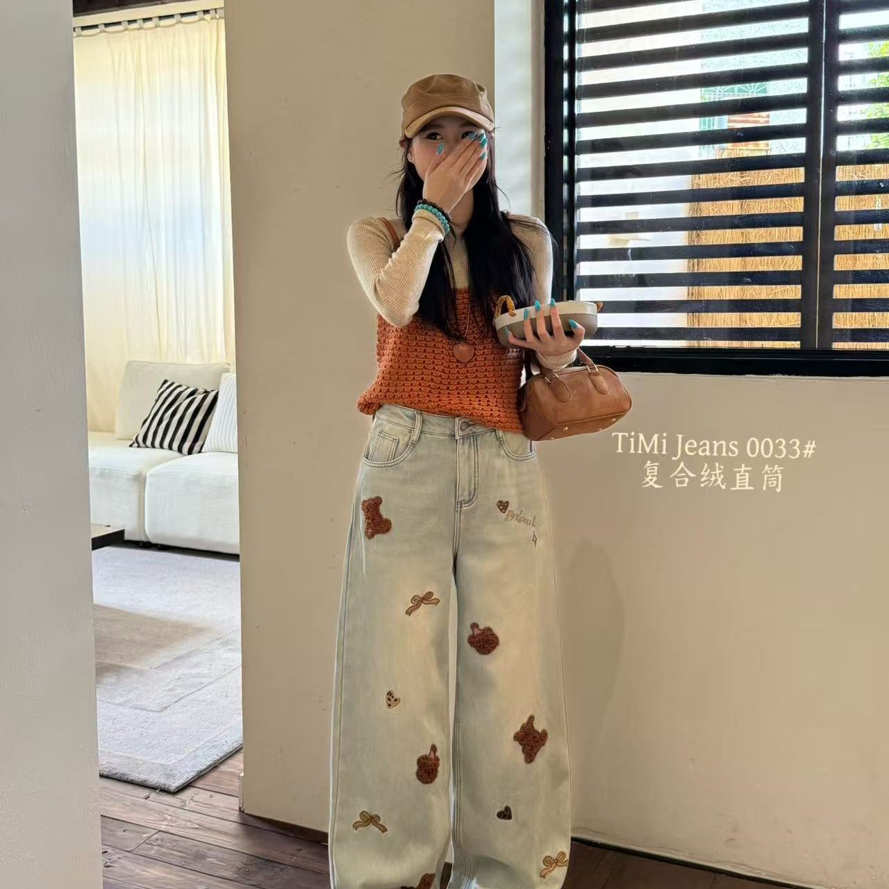 TIMI-冬上新加厚复合绒小熊阔腿牛仔裤(无配件)YS1-0033